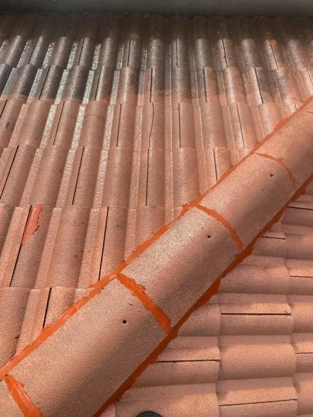 Ridge capping and re-bedding work along a tiled roof ridge